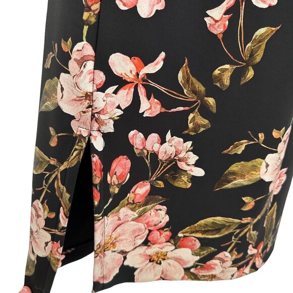 Beige Dress 4 Black Pink Floral Scuba Short Sleeve Sheath Side Slit Day to Night - Picture 4 of 9